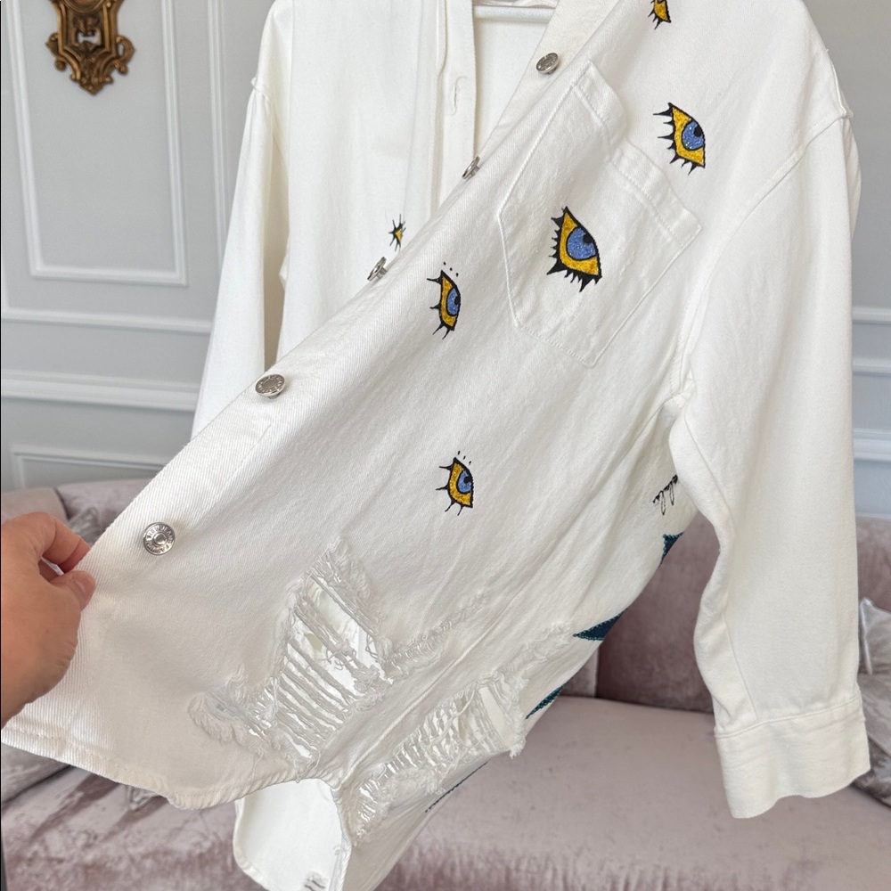 Eye See You Handmade Hand-Painted White Jeans Jacket – Made in Greece - Picture 8 of 17